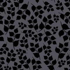 Seamless pattern of leaves. Watercolor black leafy twigs isolated on grey background. Hand drawn round pointed foliage. Perfect for wrapping paper, textile, wallpeper and backdrop.