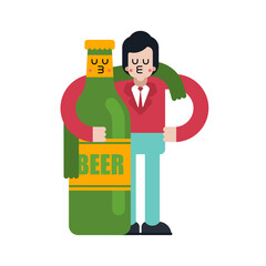 Beer lover Hugs. Guy and bottle of beer. Romantic relationship with alcohol. Love of alcohol. Illustration 6