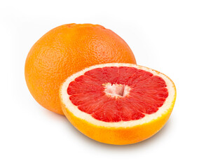 Whole and halved grapefruit isolated on a white background. Peel. orange, red, citrus, sour. Close-up. Details