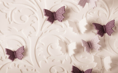 Dark Red And Cream Butterfly With Stone Cutting Emboss Background 3d Illustartion Wallpaper Design