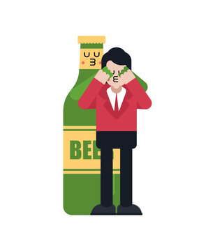 Beer lover game closes your eyes from behind. Guy and bottle of beer. Romantic relationship with alcohol. Love of alcohol. Illustration 3