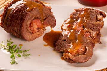 Beef prime rib stuffed with vegetables