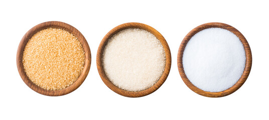 Heap of cane sugar, white sugar and erythritol isolated on white  Top view. Sugar substitute and...