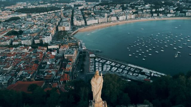 San Sebastian. Aerial view in beach of San Sebastian, Basque Country,Spain. Drone Video
