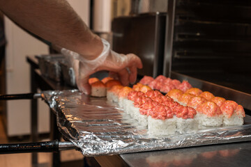 Rolls with mayonnaise caps were baked and taken out of the oven