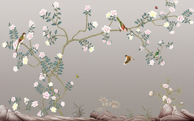 Naklejki  Piękna różowa róża kwiat roślina i ptaki latające nad drzewem z szarym tłem ilustracja 3d tapety projekt