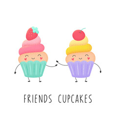 Cartoon muffins with strawberries and cherries. Sweet cupcake, cute print for t-shirt. Isolated vector illustration on a white background.