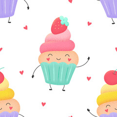Cartoon seamless pattern of funny cupcakes, muffins with strawberries and cherries. Vector colorful print for packaging, fabric, wallpaper, textile.