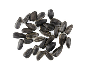 Sunflower seeds whole, unpeeled on a white isolated background. Black seeds. Template.