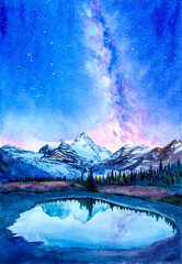 Watercolor Painting - Starry Night With Milky Way