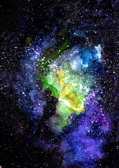 watercolor space star nebula green light far space hand painted with paints beautiful shades