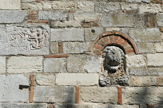 Stone carving on the walls of Byzantine Abbey of Pojan, Saint Mary Orthodox Church and Monastery, Apollonia Archaeological Park, Pojani Village, Illyria, Albania