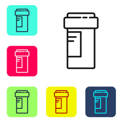 Black line Medicine bottle icon isolated on white background. Bottle pill sign. Pharmacy design. Set icons in color square buttons. Vector Illustration.