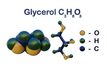 Structural chemical formula and molecular model of glycerol (glycerine). It is food additive E422 and used as sweetener, solvent and preservative in food and drugs. 3d illustration
