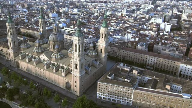 Aerial view of Zaragoza with the Basilica of the Pillar and Ebro River in Zaragoza. Drone Footage