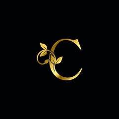 Golden C Letter Minimalist Luxury Initial Nature Tropical Leaf logo Icon vector design.