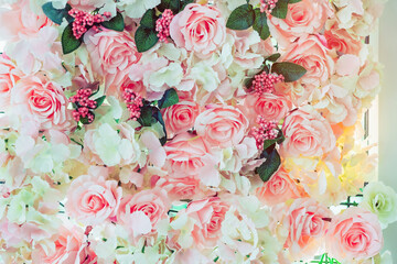 Many artificial pink and white roses are decorated on the glass door to the backdrop in the afternoon. Beautiful flowers background, Selective focus.