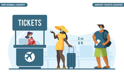 New normal social distancing concept. People wear medical mask and keep distance at tickets counter queues to protect from COVID-19 Coronavirus. Scalable and editable flat style vector illustration.
