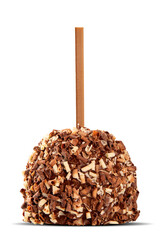 Candied apples on sticks with caramel and chocolate isolated on white background