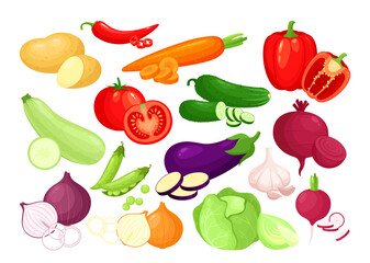 Vector icon set of organic fresh vegetables in cartoon style. Illustration of healthy food. Sliced onion, tomato, carrot, zucchini, cucumber, eggplant, radish. Farm product for healthy lifestyle.