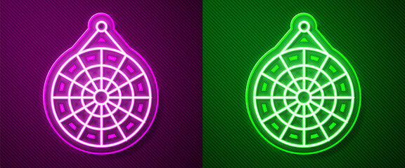 Glowing neon line Classic dart board and arrow icon isolated on purple and green background. Dartboard sign. Game concept. Vector Illustration.