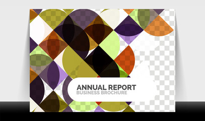 Horizontal A4 business flyer annual report template, circles and triangle style shapes modern geometric design for brochure layout, magazine or booklet