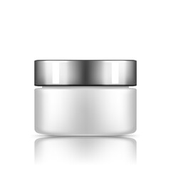 White cosmetic jar with silver cap mockup isolated from background: lotion, cream, powder. Plastic package design. Blank hygiene, medical, body or face care template. 3d vector illustration