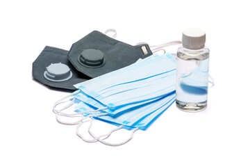 White bottle of cream, lotion, sanitizer or liquid soap and protective mask isolated on white...