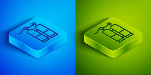 Isometric line Aqualung icon isolated on blue and green background. Oxygen tank for diver. Diving equipment. Extreme sport. Sport equipment. Square button. Vector Illustration.