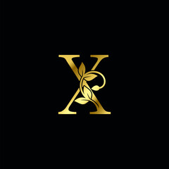 Golden X Letter Minimalist Luxury Initial Nature Tropical Leaf logo Icon vector design.