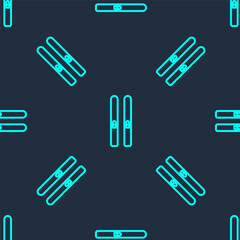 Obraz premium Green line Ski and sticks icon isolated seamless pattern on blue background. Extreme sport. Skiing equipment. Winter sports icon. Vector Illustration.