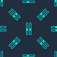 Green line Ski and sticks icon isolated seamless pattern on blue background. Extreme sport. Skiing equipment. Winter sports icon. Vector Illustration.