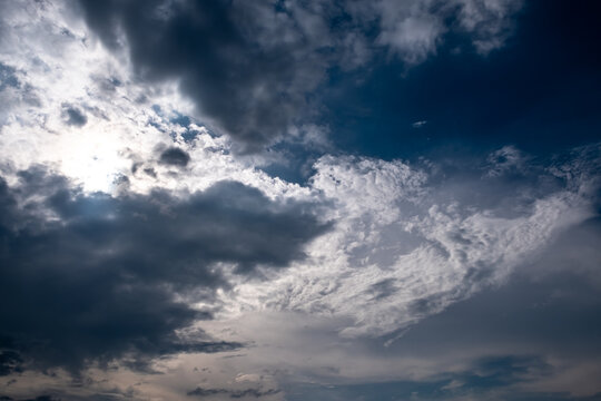 Cloudy overcast sky before thunderstorm with cirrocumulus and nimbus clouds.
