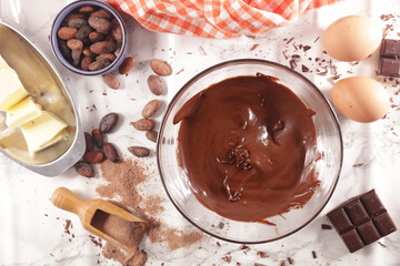 chocolate sauce melted and ingredient for chocolate mousse or cake
