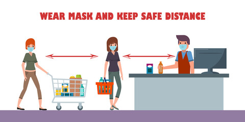 Physical distancing Concept. Protect yourself from catching coronavirus at supermarket. Vextor illustration.