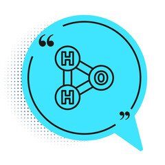 Black line Chemical formula for water drops H2O shaped icon isolated on white background. Blue speech bubble symbol. Vector Illustration.