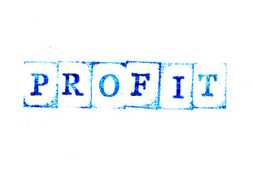 Blue ink of rubber stamp in word profit on white paper background