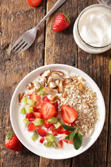 cereal with milk, nuts and ffresh fruits