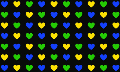 Seamless iconic heart pattern in Brazil diagonal colors yellow, blue and green, adding movement and rhythm on black background