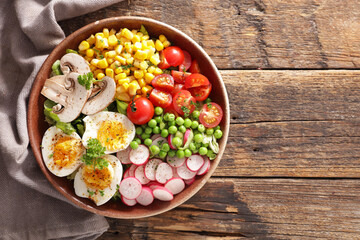 mixed vegetable salad with radish, egg, mushroom, corn and tomato