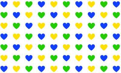 Seamless iconic heart pattern in Brazil diagonal colors yellow, blue and green, adding movement and rhythm on white background