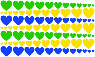 Heart pattern in Brazilian colors yellow, blue and green in different sizes going from left to right, adding movement and rhythm on white background