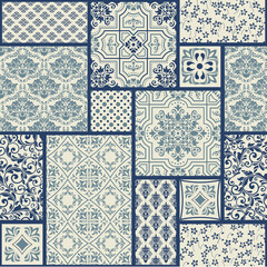 Vintage seamless pattern in Portugal style. Azulejo. Seamless patchwork tile in blue and white colors. Endless pattern can be used for ceramic tile, wallpaper, linoleum, textile, web page background - obrazy, fototapety, plakaty