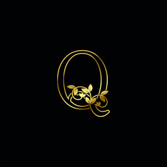 Golden Outline Q Letter Minimalist Luxury Initial Nature Tropical Leaf logo Icon