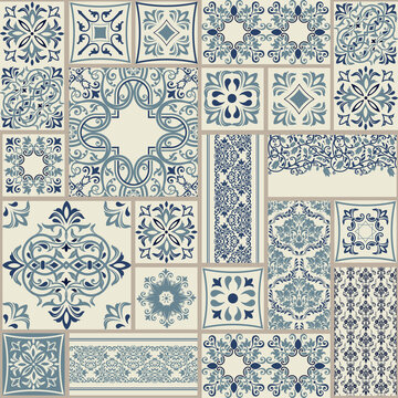 Vintage seamless pattern in Portugal style. Azulejo. Seamless patchwork tile in blue and white colors. Endless pattern can be used for ceramic tile, wallpaper, linoleum, textile, web page background