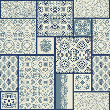 Vintage seamless pattern in Portugal style. Azulejo. Seamless patchwork tile in blue and white colors. Endless pattern can be used for ceramic tile, wallpaper, linoleum, textile, web page background