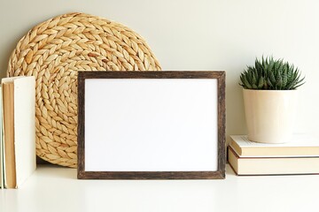 Boho style empty photo frame, dark wood frame mockup, horizontal wooden sign mock-up for artwork,...