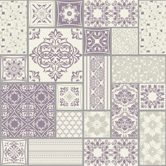 Seamless patchwork tile with Victorian motives. Majolica pottery tile, colored azulejo, original traditional Portuguese and Spain decor. Vector illustration for print wallpaper, fabric, paper, tile