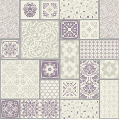 Seamless patchwork tile with Victorian motives. Majolica pottery tile, colored azulejo, original traditional Portuguese and Spain decor. Vector illustration for print wallpaper, fabric, paper, tile