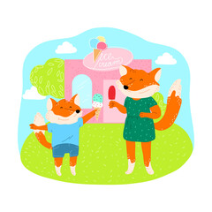 Fototapeta premium Cute red baby fox enjoying eating icecream with mother in park